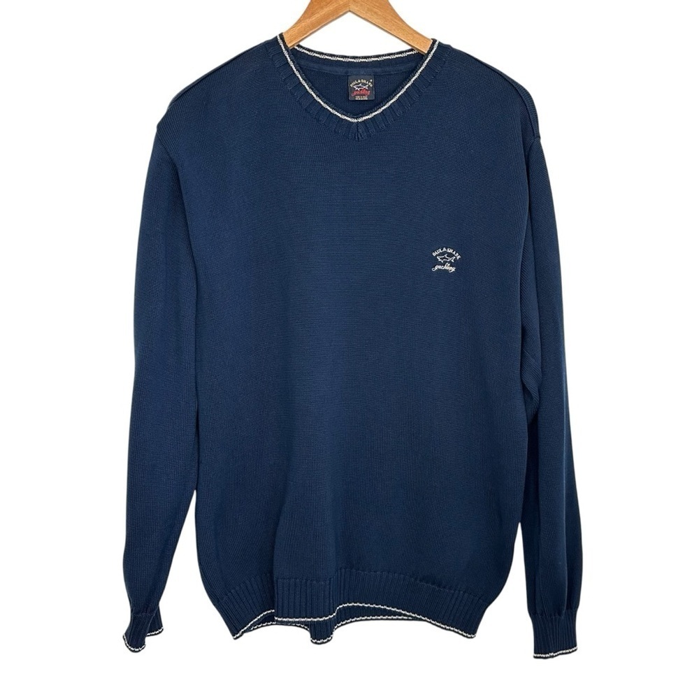 Paul & Shark Yachting Mens V Neck Cotton Sweater Sz Medium Blue Long Sleeve